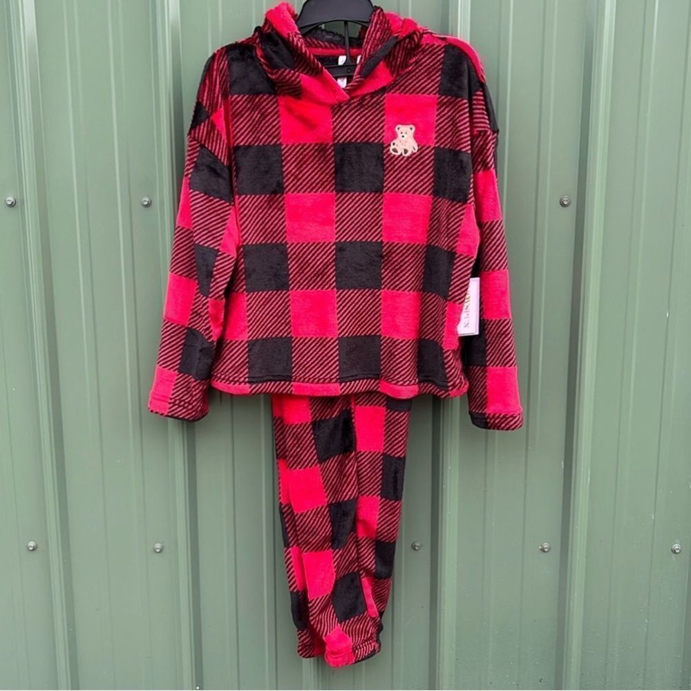 Plaid Hooded Pajama Set - Red and Black